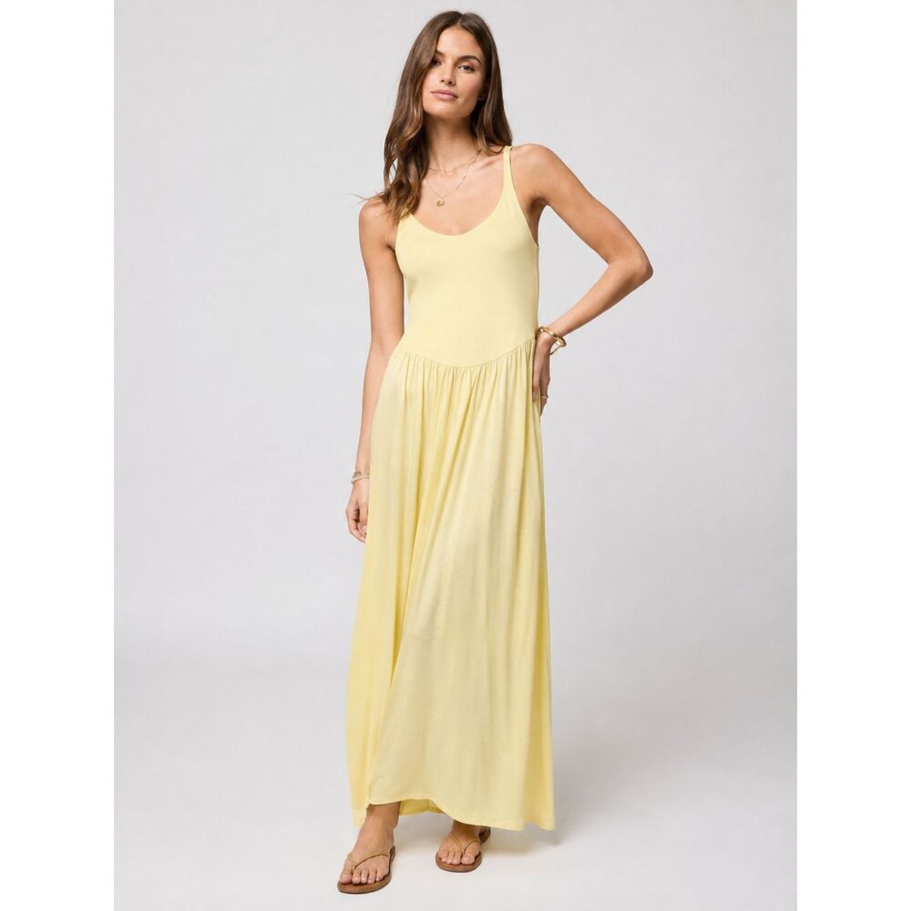 Stillwater The Serena Maxi Dress Butter Yellow Ribbed Drop Waist Fairycore XS